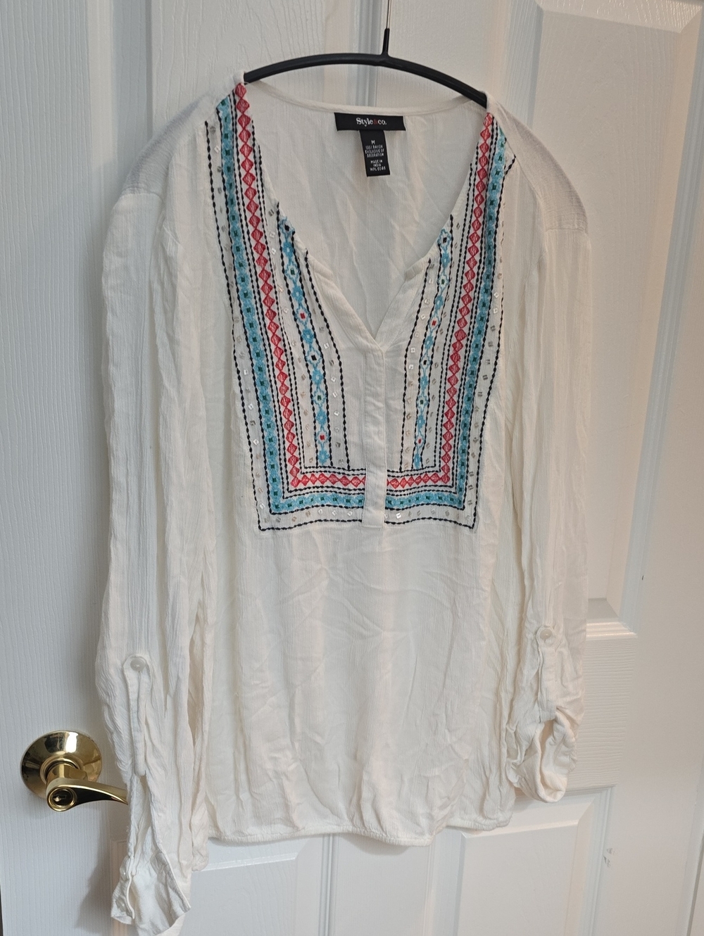 Style & Co. Cream Tunic with Pink & Blue Embroidery